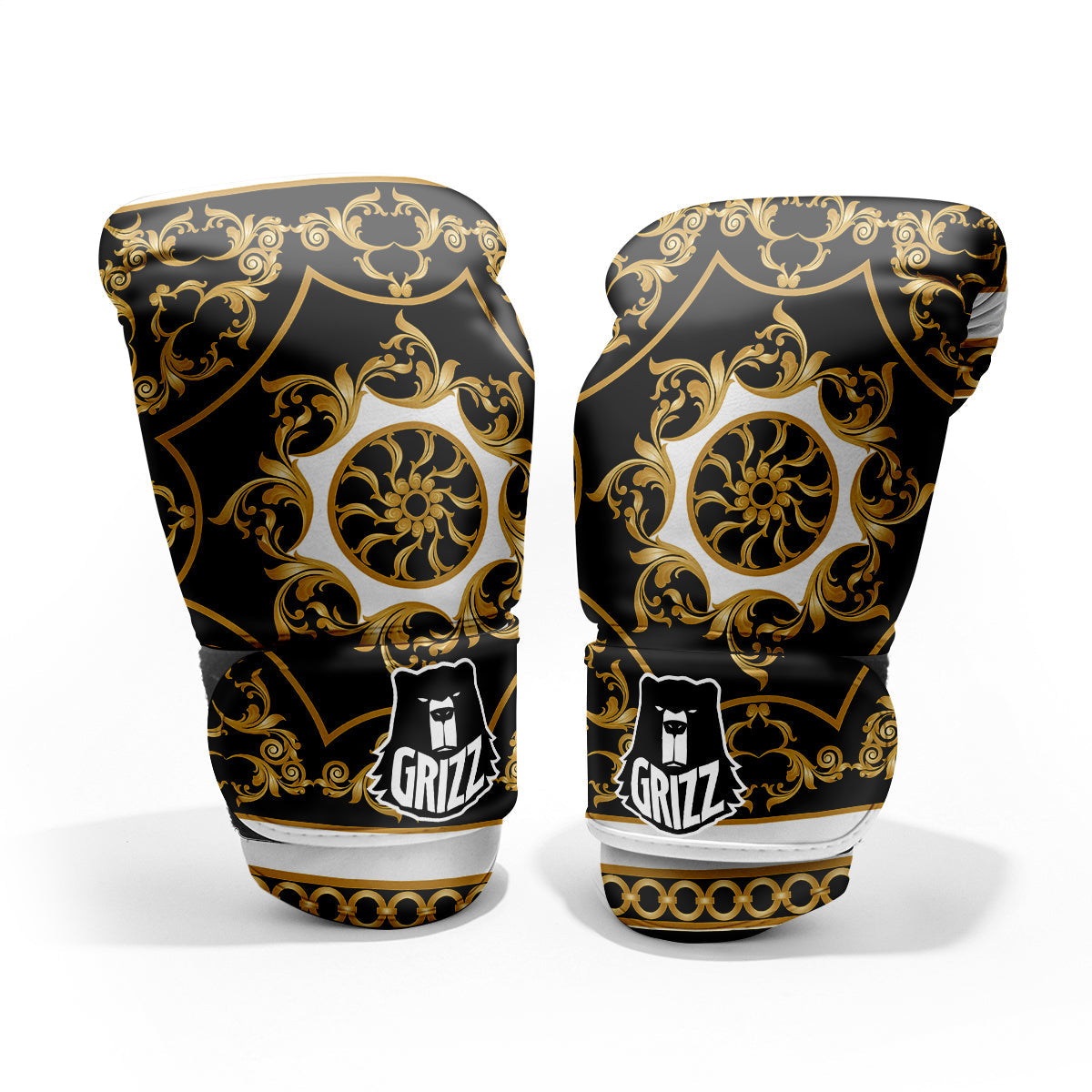 Golden Floral Baroque Black White Print Pro Boxing Glove