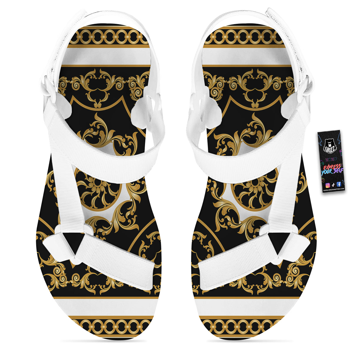 Golden Floral Baroque Black White Print White Open Toe Sandals-grizzshop