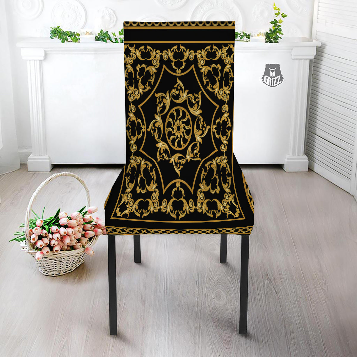 Golden Floral Baroque Print Dining Chair Slipcover-grizzshop