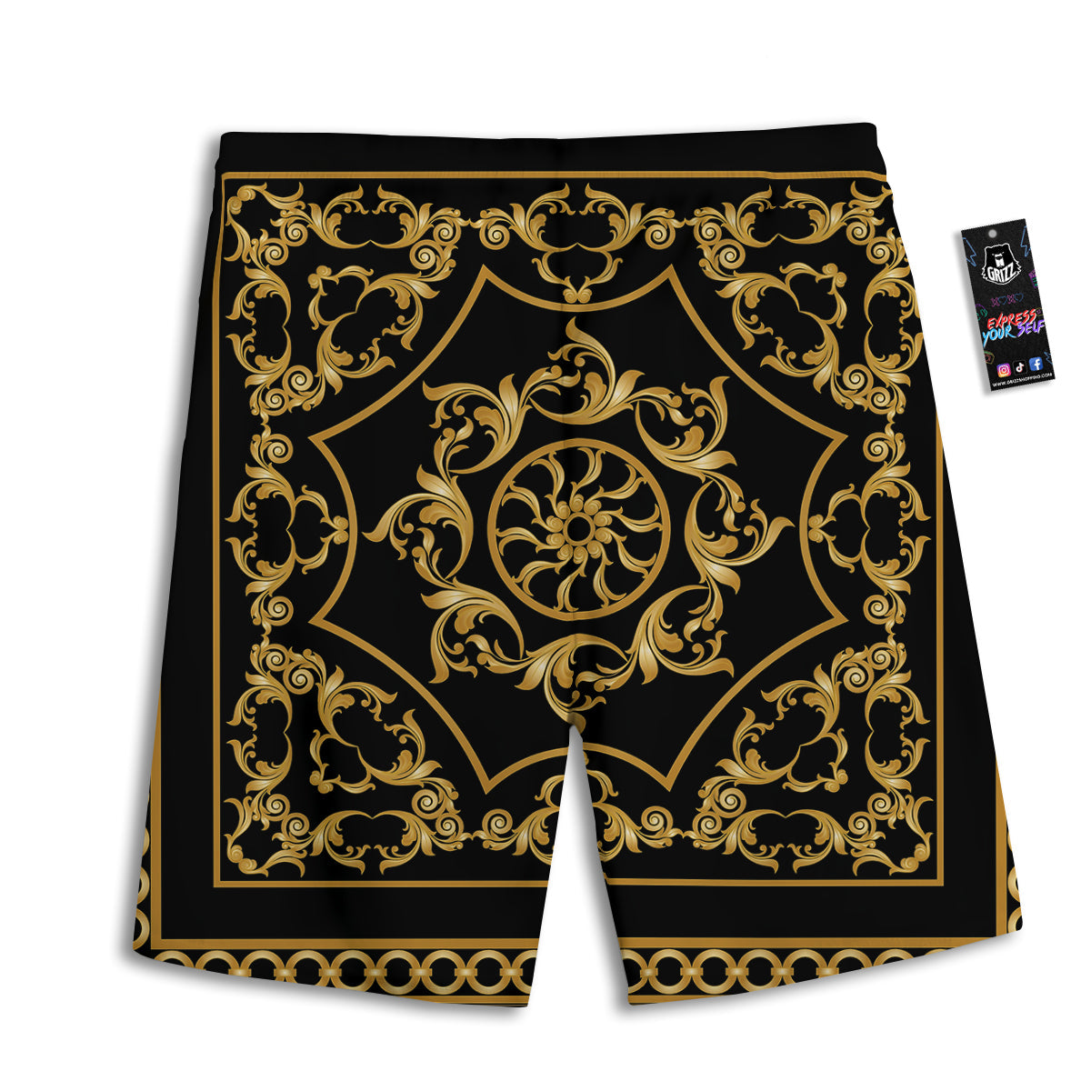Golden Floral Baroque Print Men's Athletic Shorts