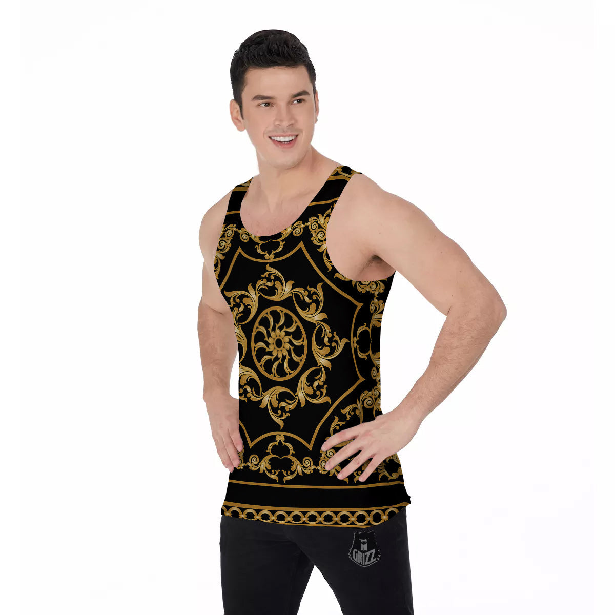Golden Floral Baroque Print Men's Tank Top-grizzshop