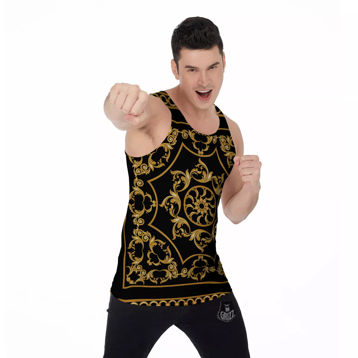 Golden Floral Baroque Print Men's Tank Top-grizzshop