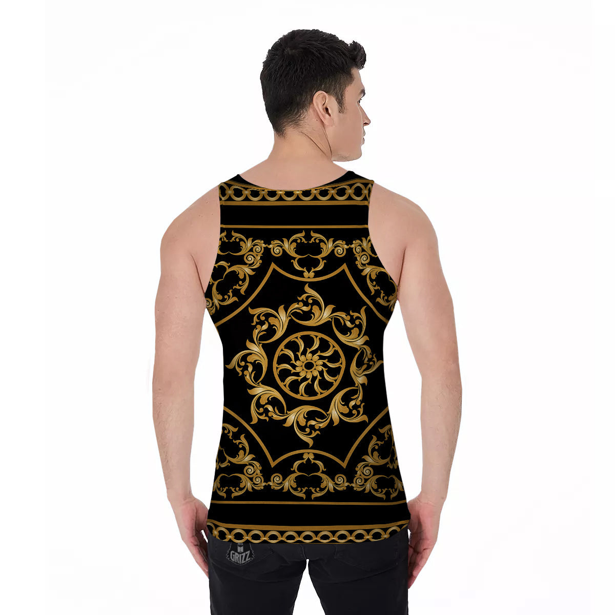 Golden Floral Baroque Print Men's Tank Top-grizzshop