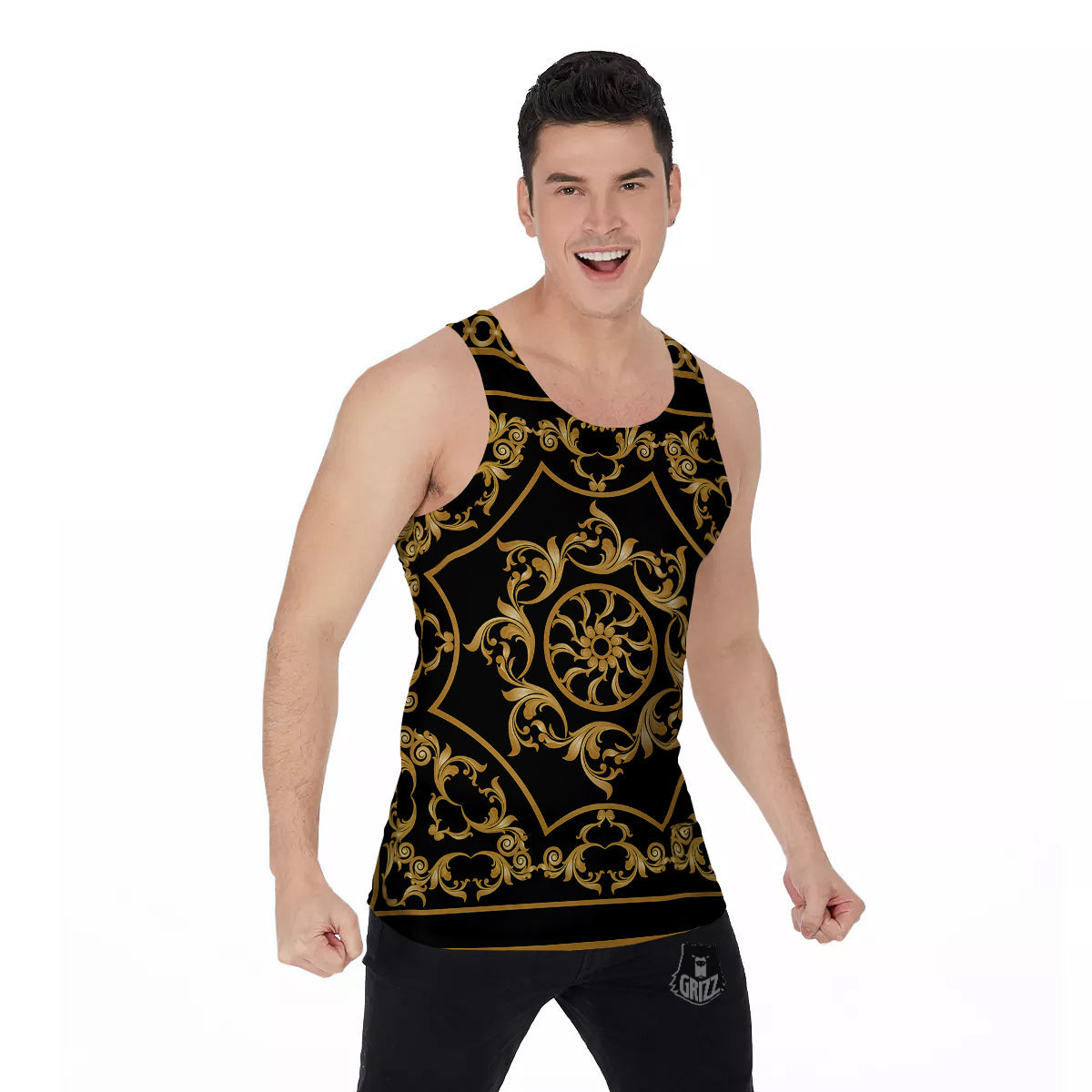 Golden Floral Baroque Print Men's Tank Top-grizzshop