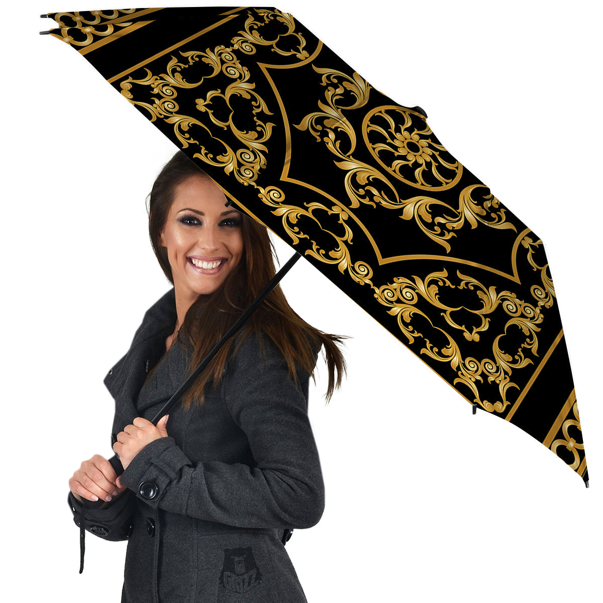 Golden Floral Baroque Print Umbrella-grizzshop