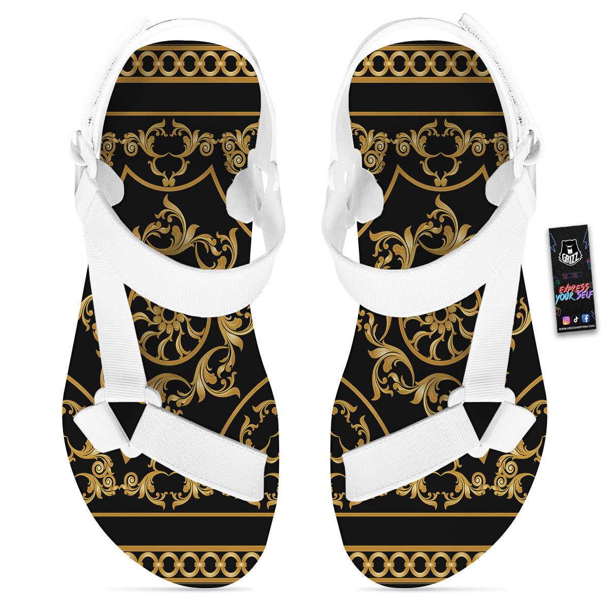 Golden Floral Baroque Print White Open Toe Sandals-grizzshop