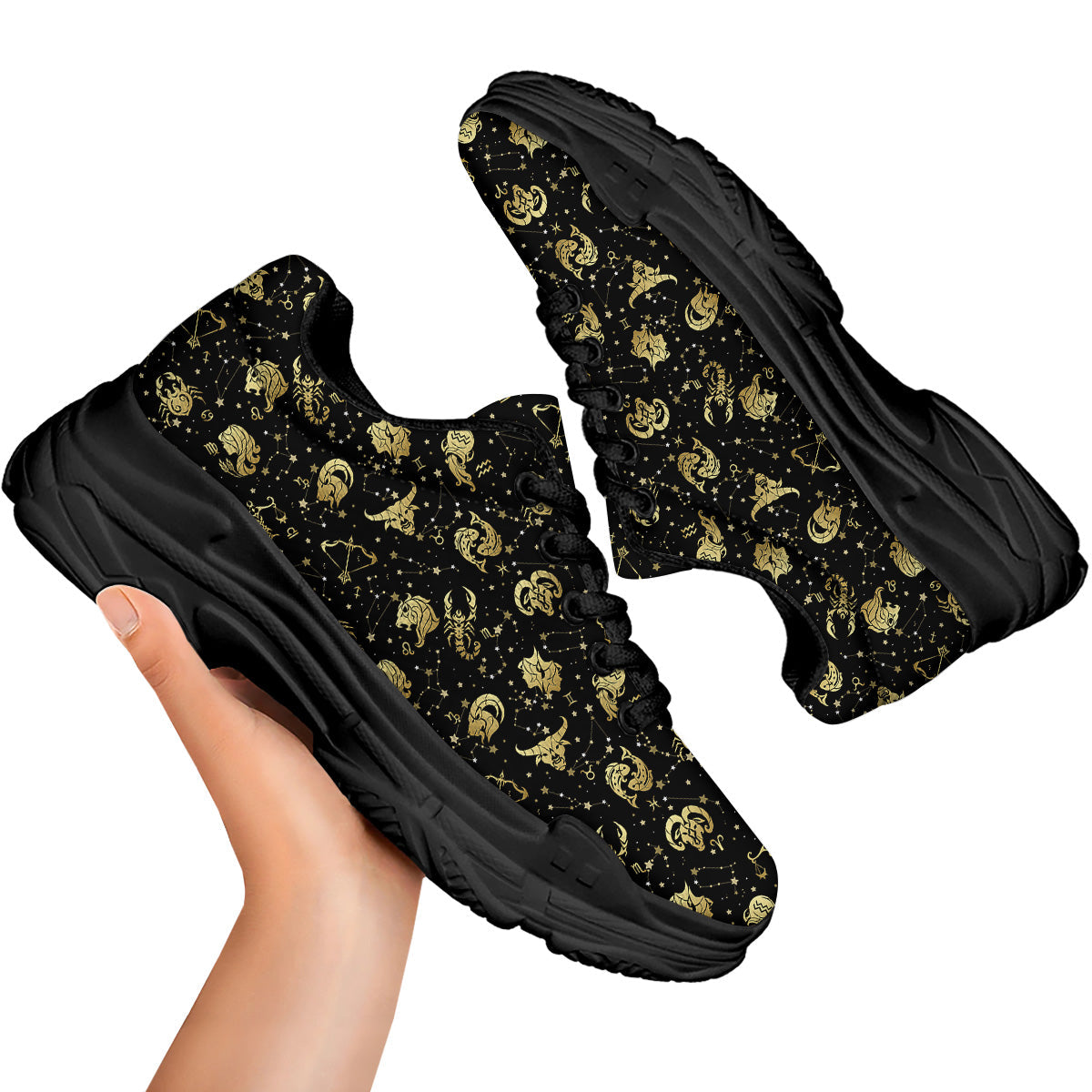 Golden Horoscope Zodiac Signs Print Pattern Black Chunky Shoes-grizzshop