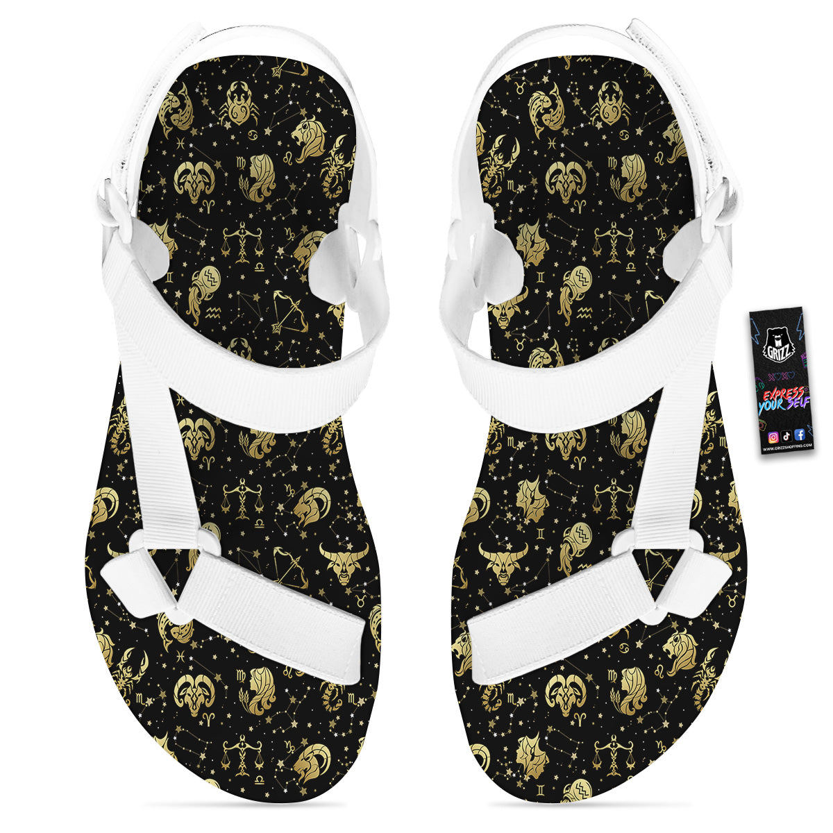 Golden Horoscope Zodiac Signs Print Pattern White Open Toe Sandals-grizzshop