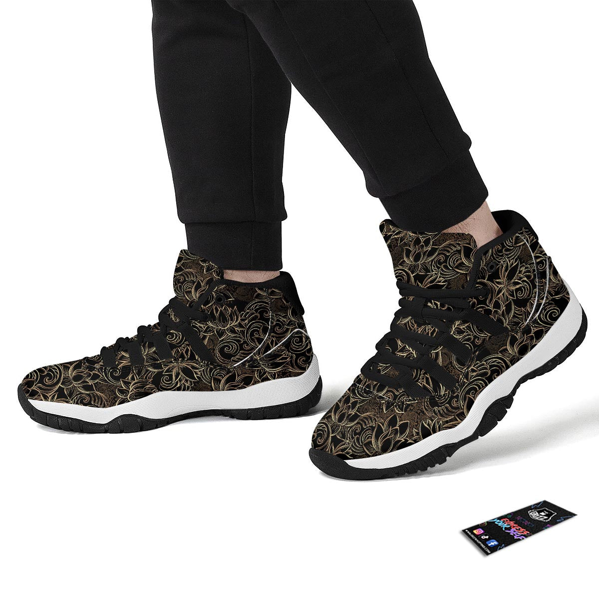 Golden Lotus Pattern Print Black Bball Shoes-grizzshop