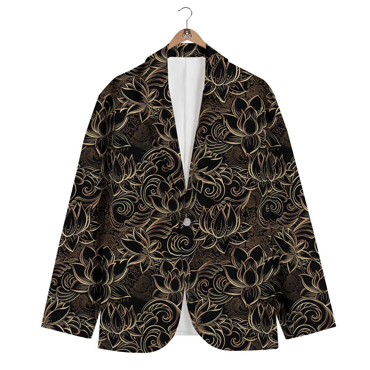Golden Lotus Pattern Print Men's Blazer-grizzshop