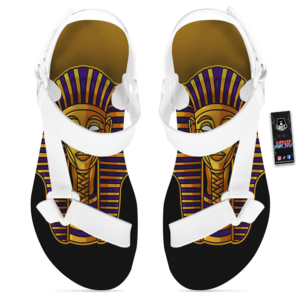 Golden Pharaoh Egyptian Print White Open Toe Sandals-grizzshop