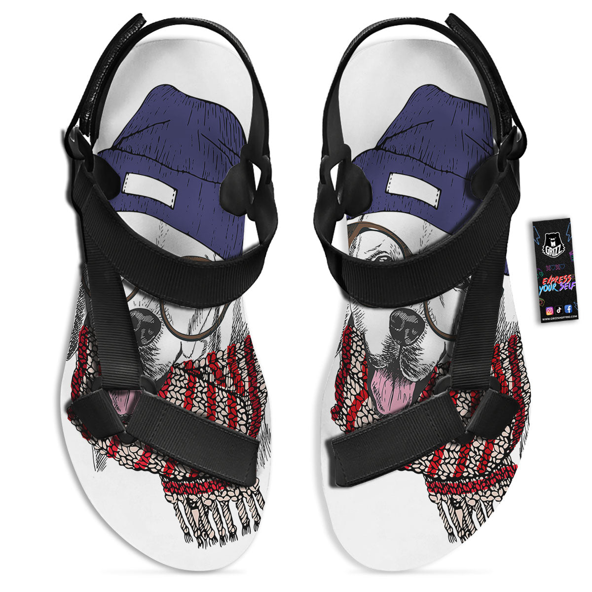 Golden Retriever Hipster Print Black Open Toe Sandals-grizzshop