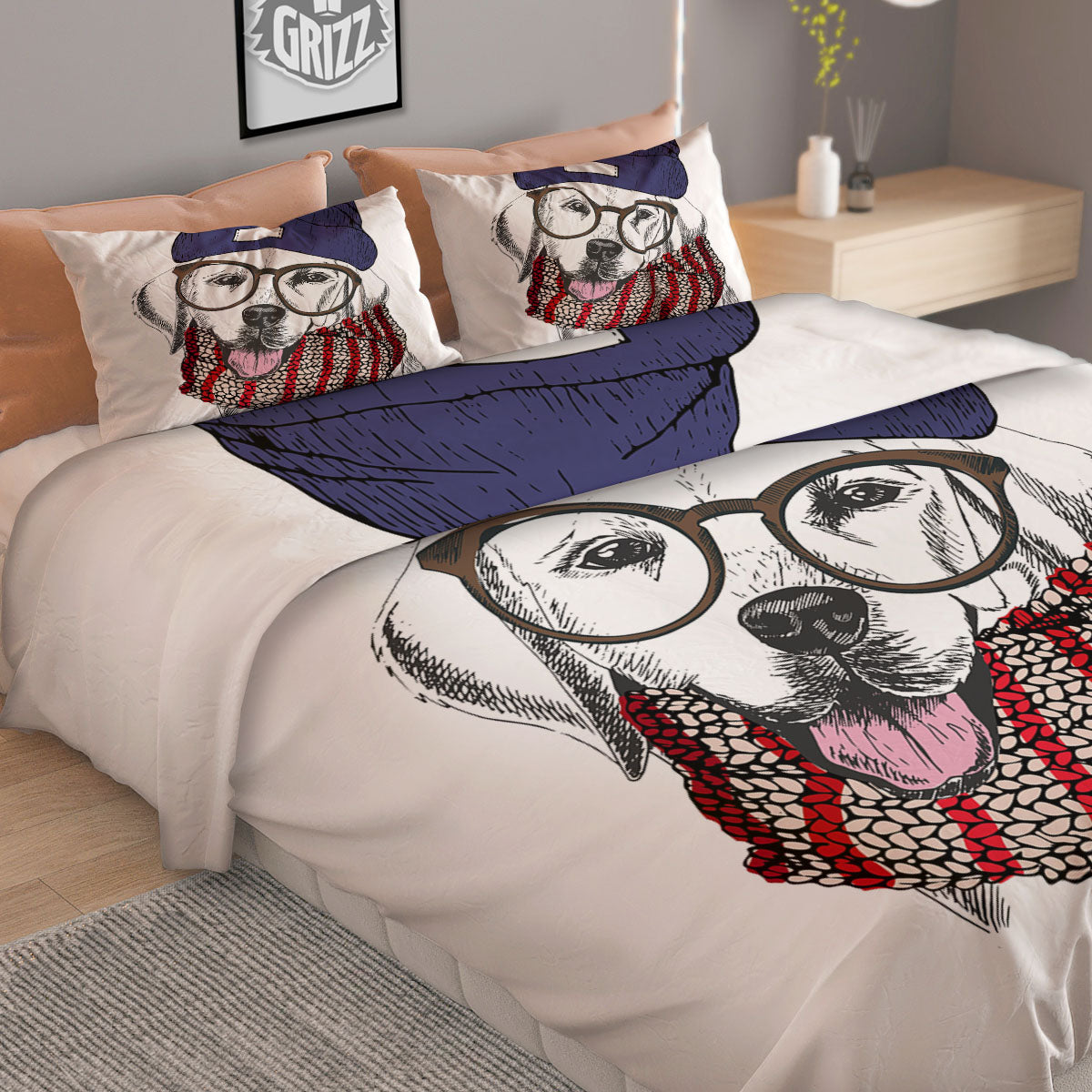 Golden Retriever Hipster Print Duvet Cover Bedding Set
