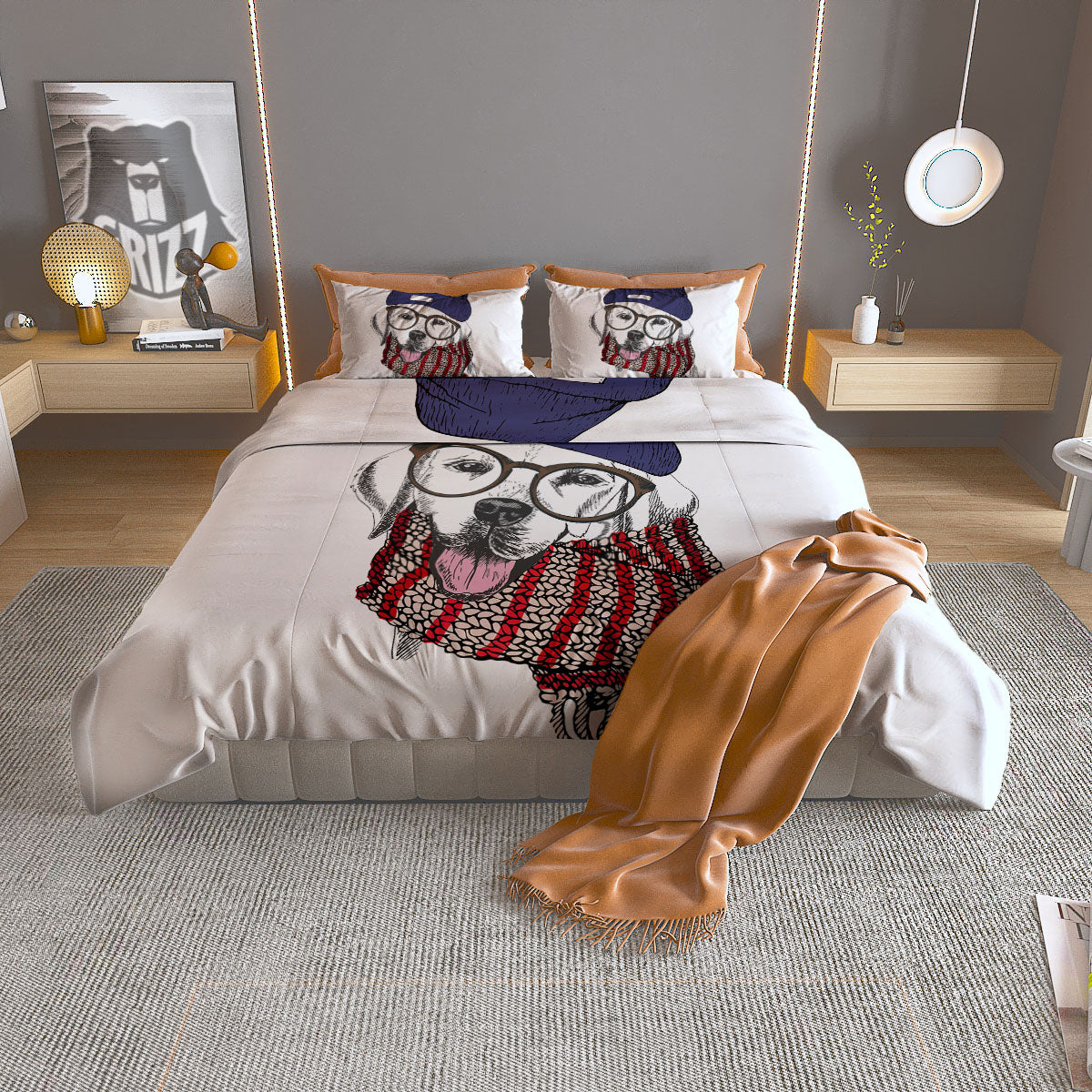 Golden Retriever Hipster Print Duvet Cover Bedding Set
