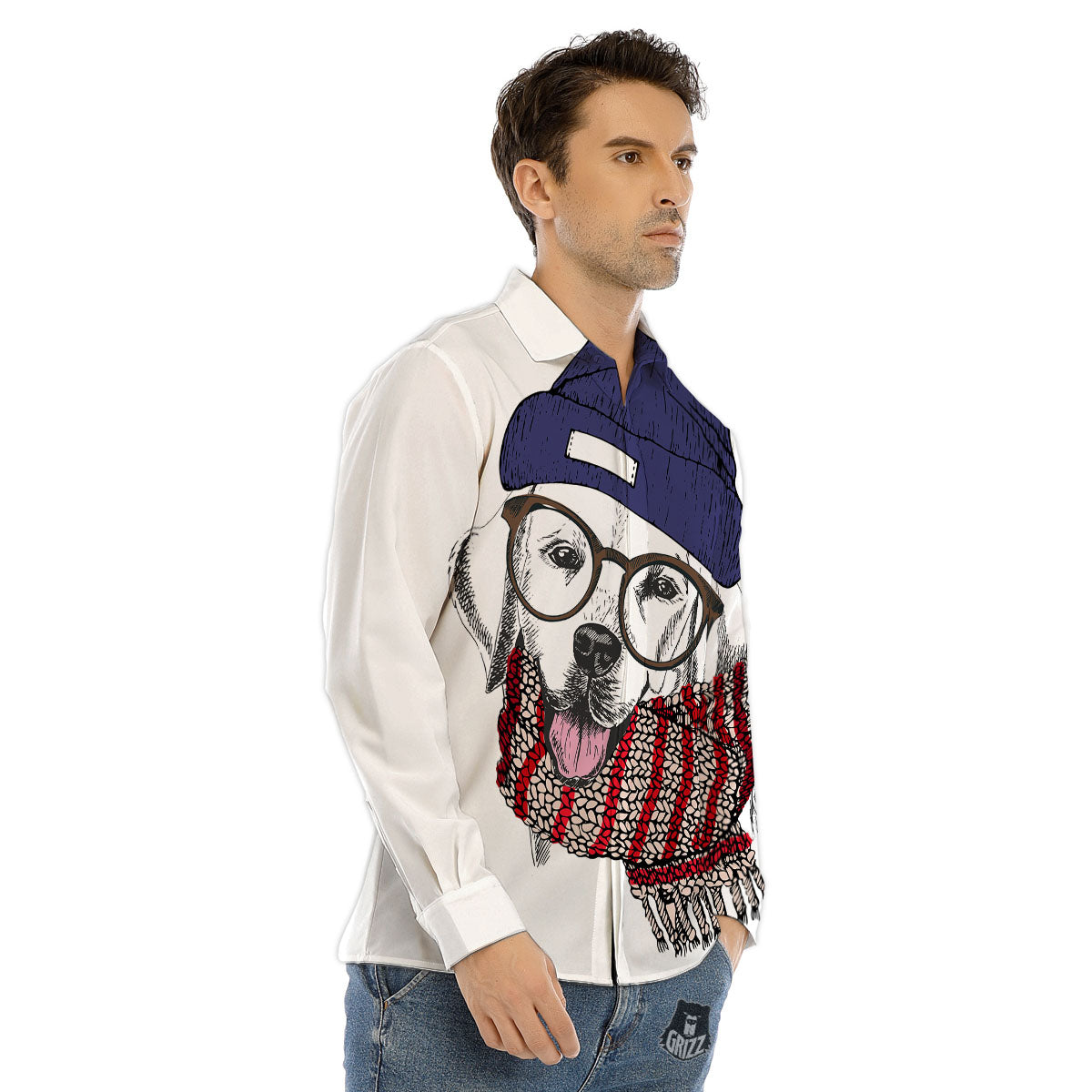 Golden Retriever Hipster Print Men's Dress Shirts-grizzshop
