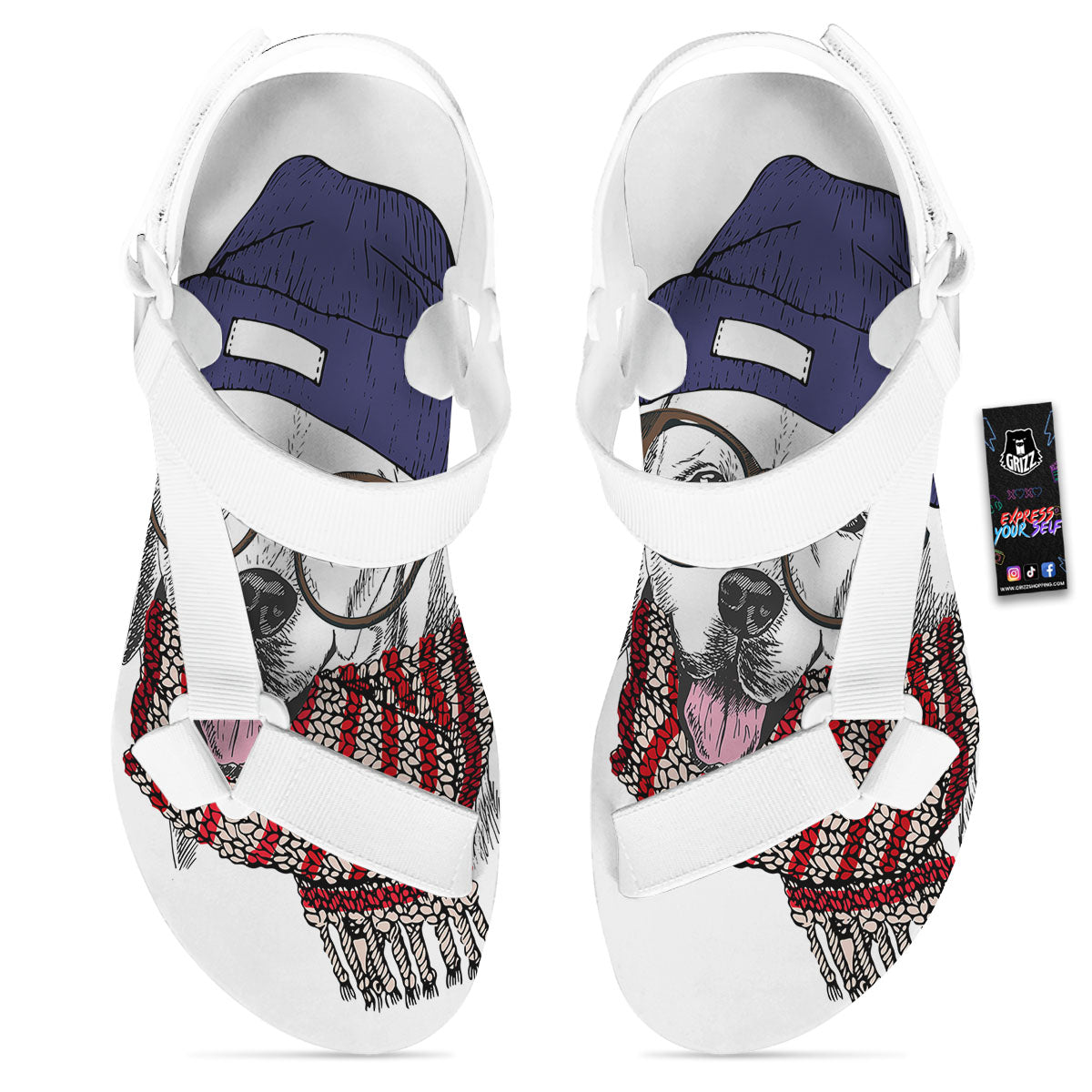 Golden Retriever Hipster Print White Open Toe Sandals-grizzshop