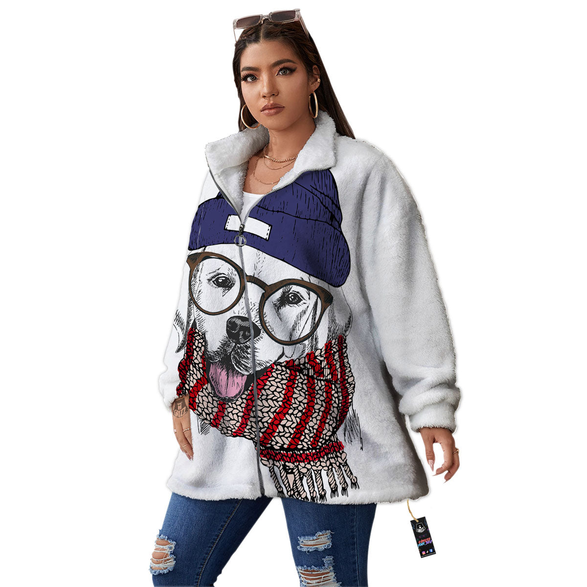 Golden Retriever Hipster Print Women's Sherpa Jacket-grizzshop