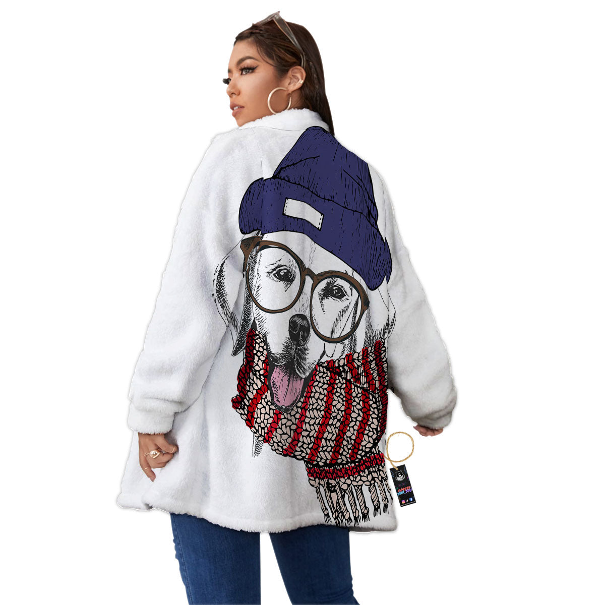 Golden Retriever Hipster Print Women's Sherpa Jacket-grizzshop