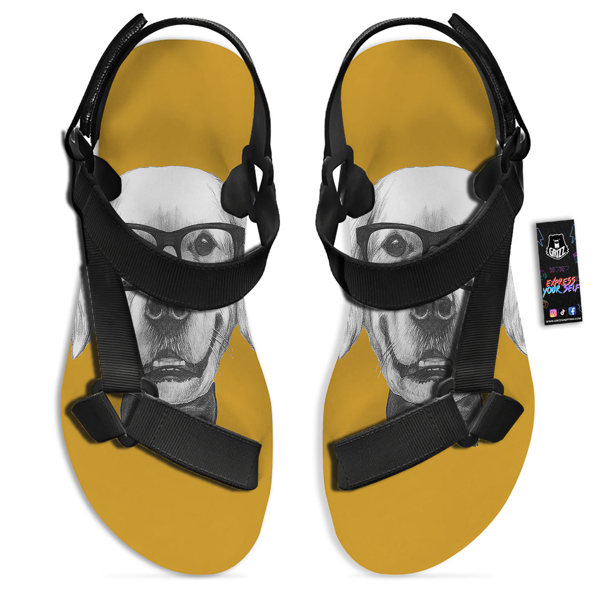 Golden Retriever With Glasses Print Black Open Toe Sandals-grizzshop