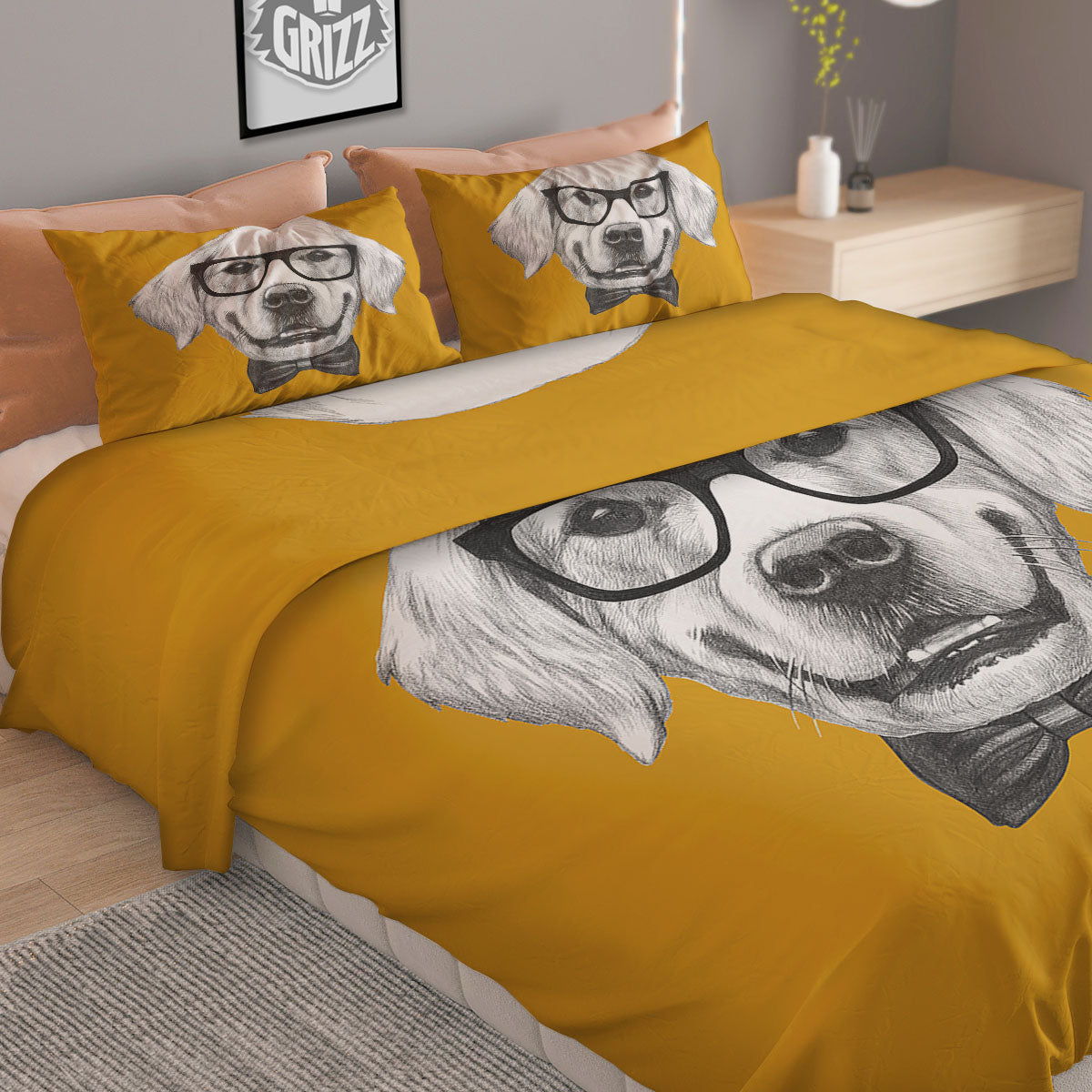 Golden Retriever With Glasses Print Duvet Cover Bedding Set