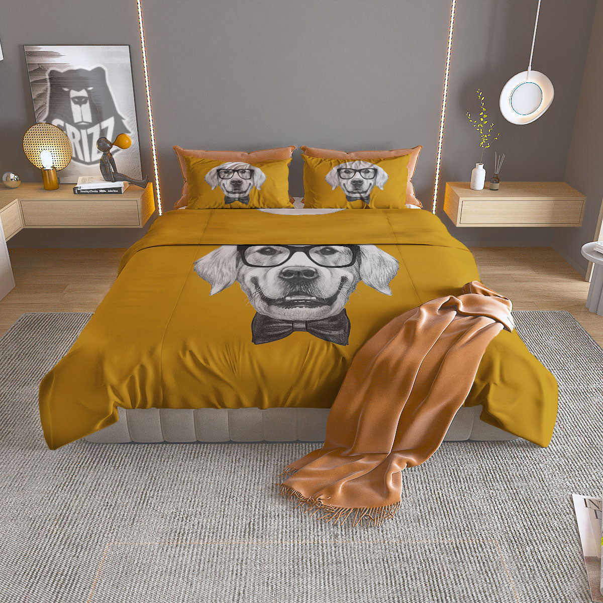 Golden Retriever With Glasses Print Duvet Cover Bedding Set