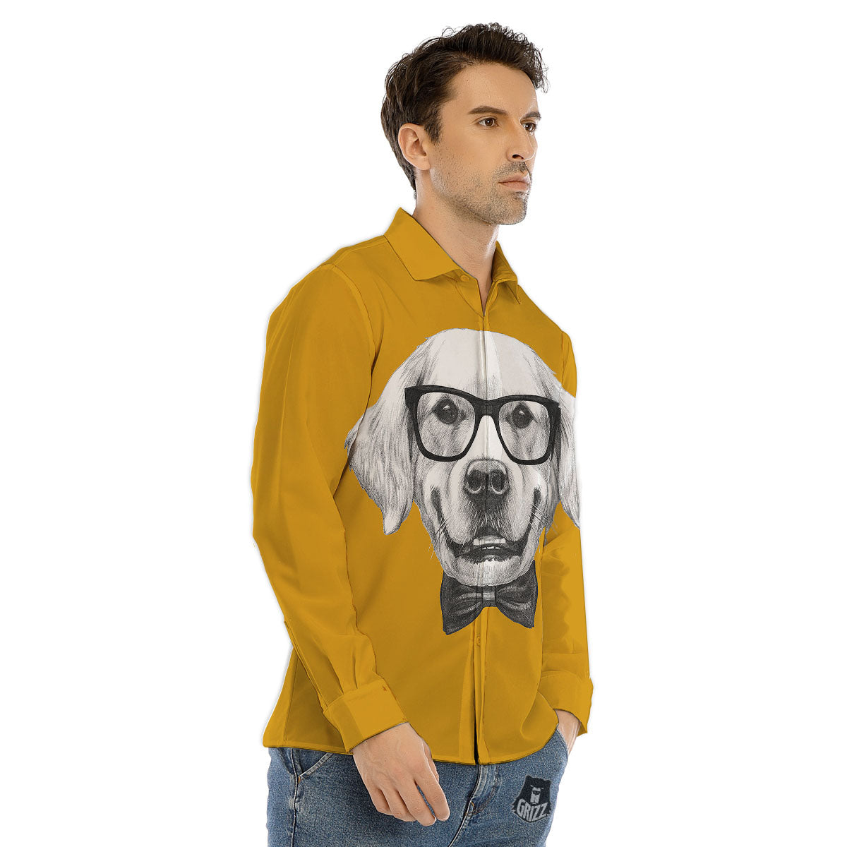 Golden Retriever With Glasses Print Men's Dress Shirts-grizzshop