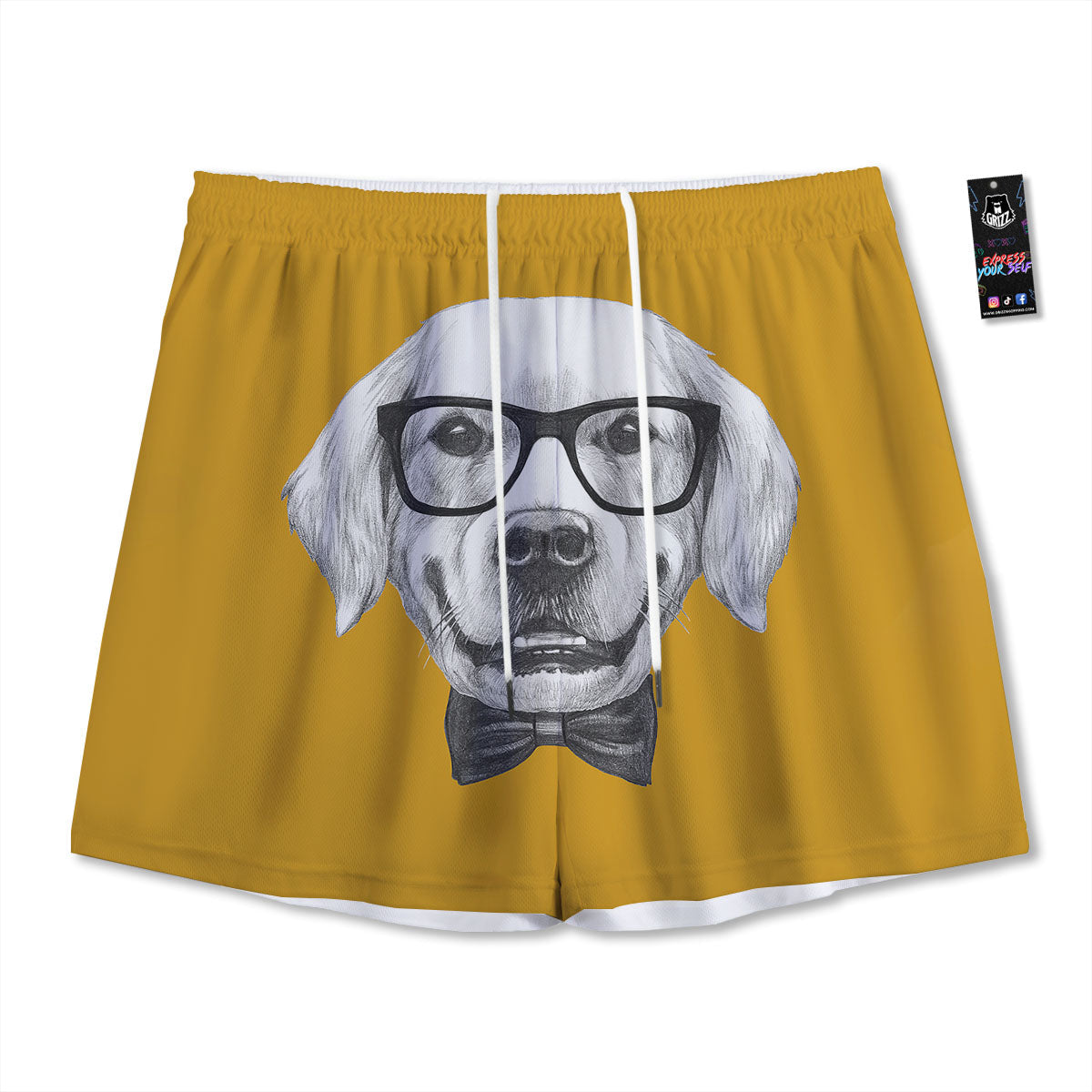 Golden Retriever With Glasses Print Mesh Shorts