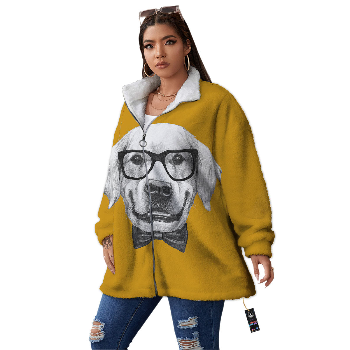 Golden Retriever With Glasses Print Women's Sherpa Jacket-grizzshop