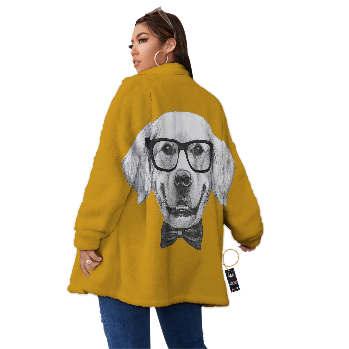 Golden Retriever With Glasses Print Women's Sherpa Jacket-grizzshop