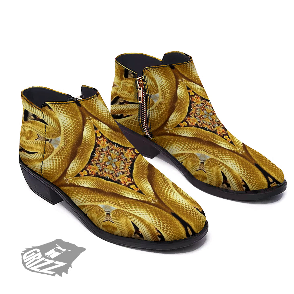 Golden Snake Kaleidoscope Print Ankle Boots-grizzshop