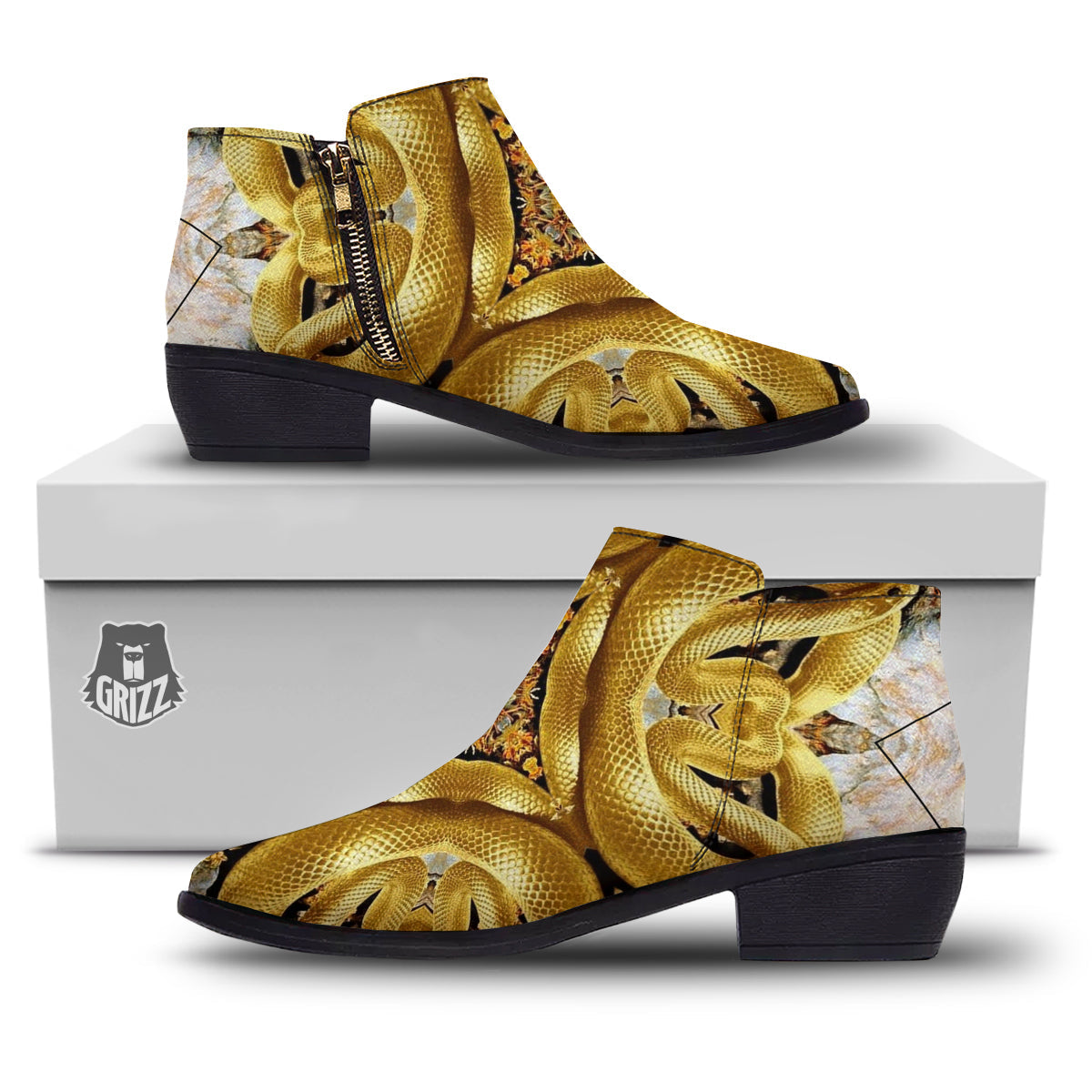 Golden Snake Kaleidoscope Print Ankle Boots-grizzshop