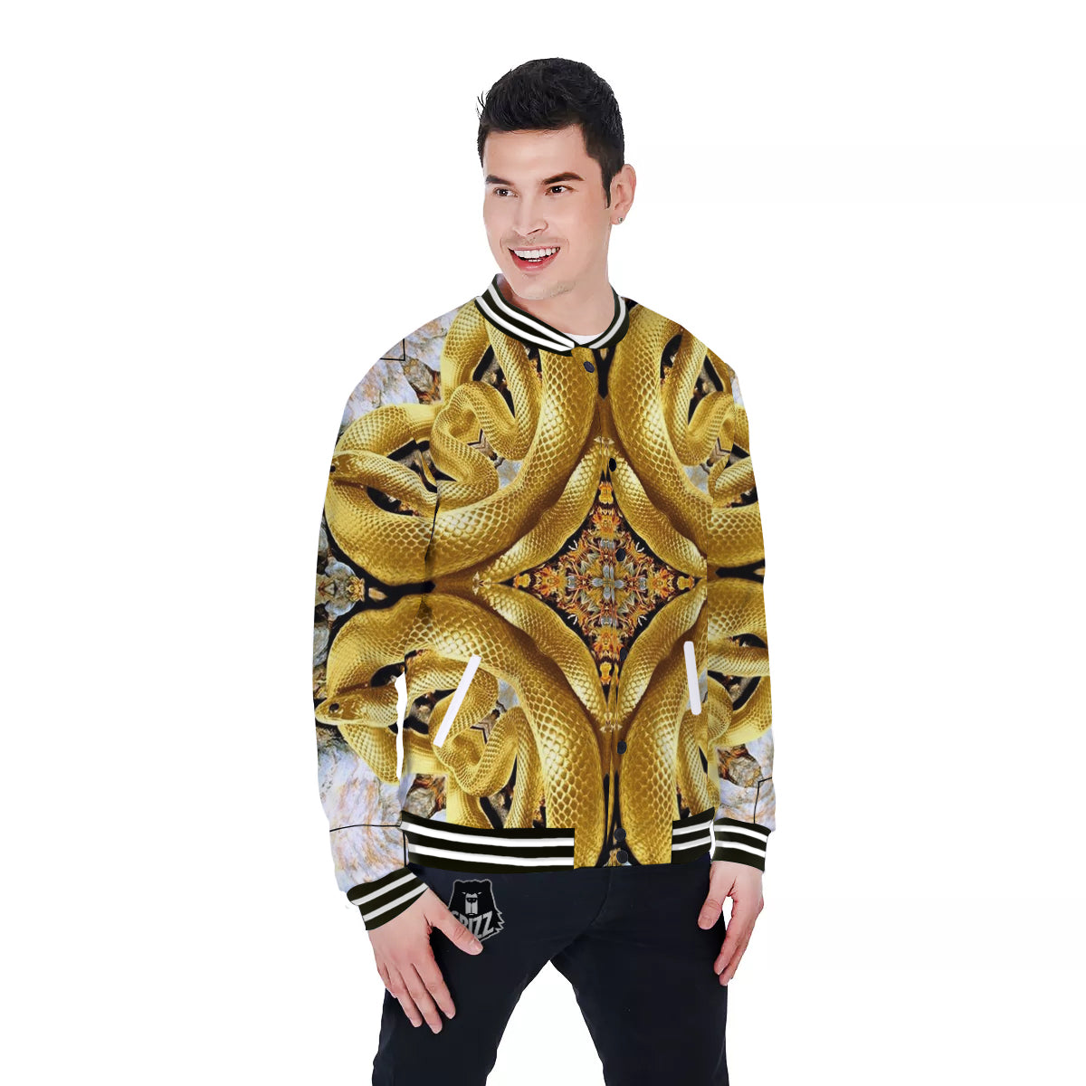 Golden Snake Kaleidoscope Print Baseball Jacket-grizzshop