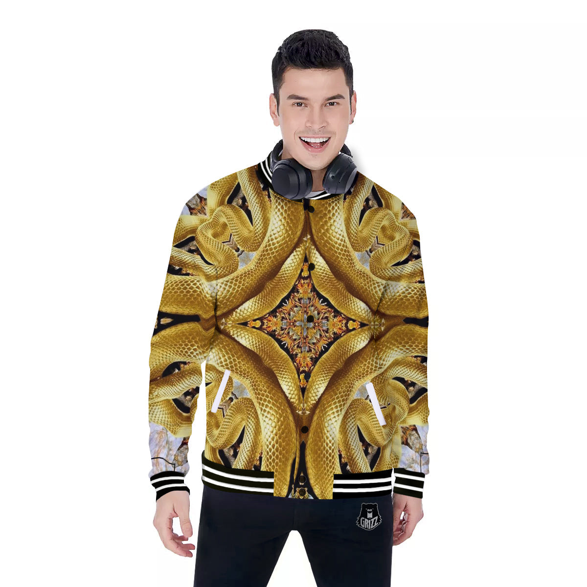 Golden Snake Kaleidoscope Print Baseball Jacket-grizzshop