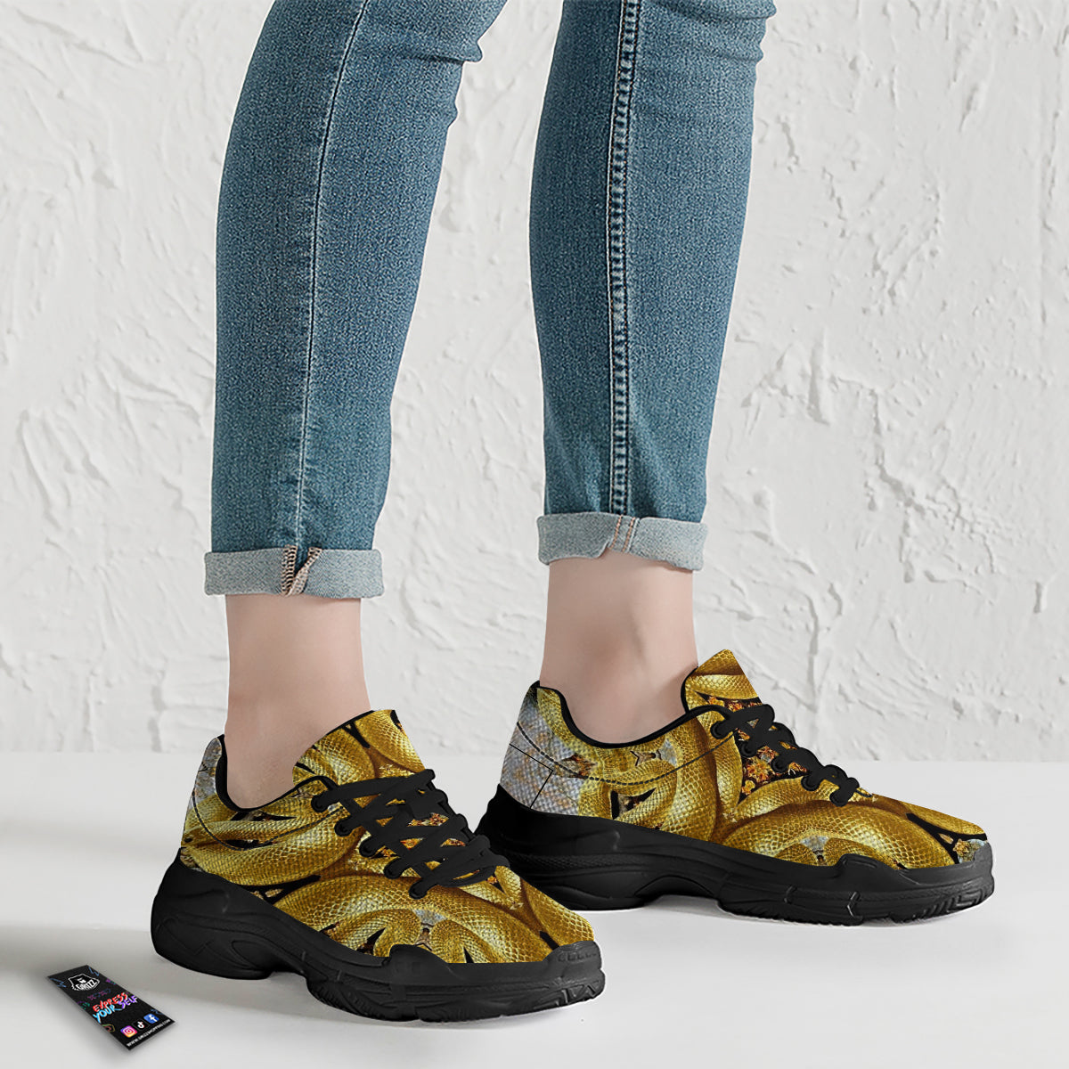 Golden Snake Kaleidoscope Print Black Chunky Shoes-grizzshop