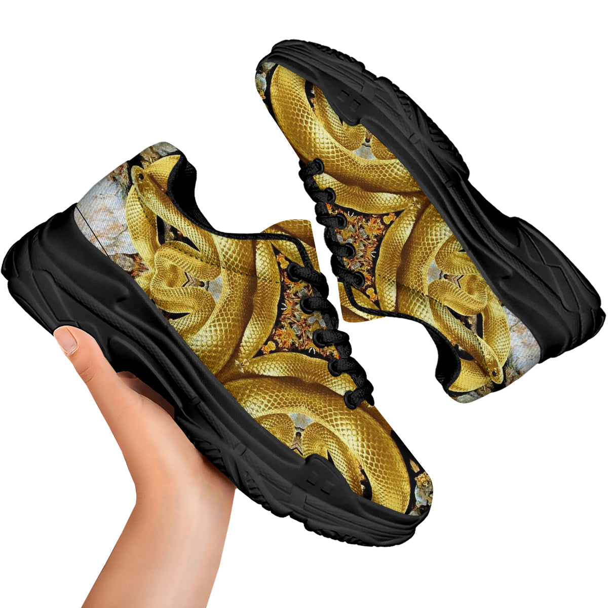 Golden Snake Kaleidoscope Print Black Chunky Shoes-grizzshop
