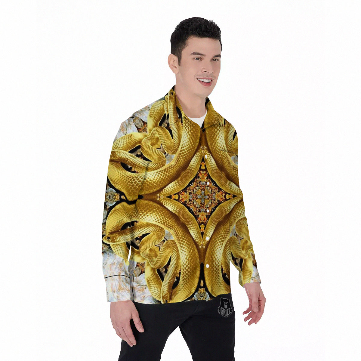 Golden Snake Kaleidoscope Print Men's Long Sleeve Shirts-grizzshop