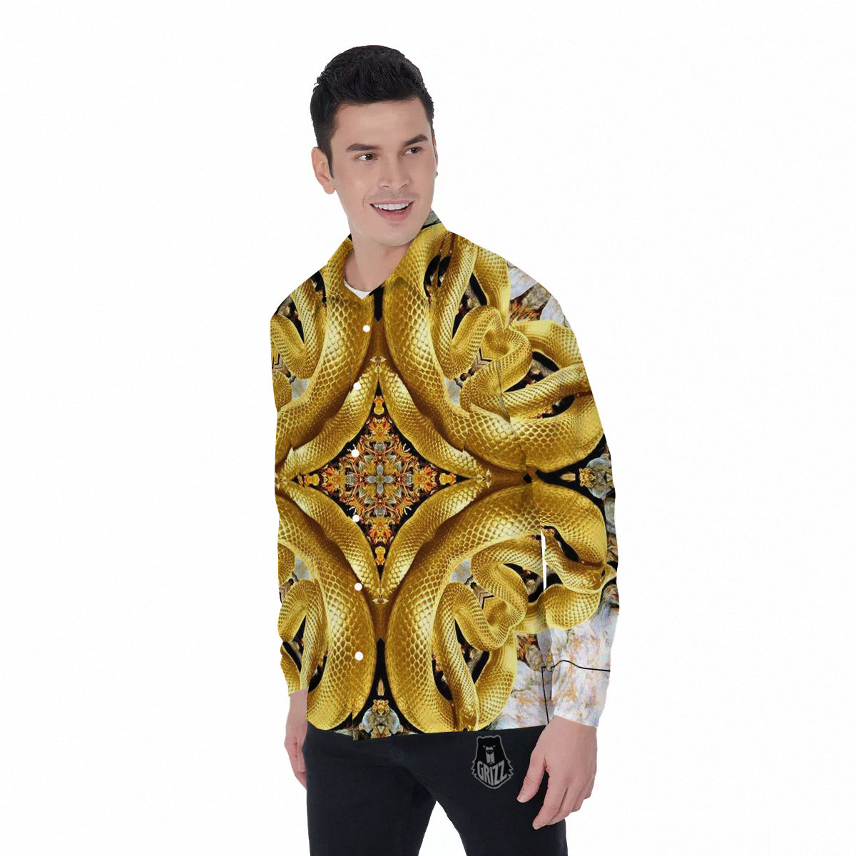 Golden Snake Kaleidoscope Print Men's Long Sleeve Shirts-grizzshop