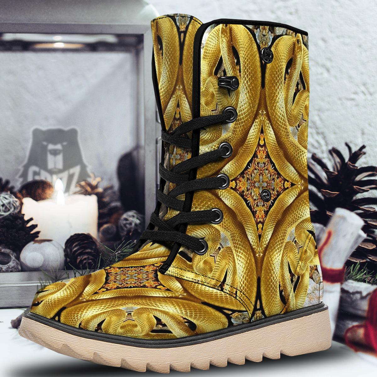 Golden Snake Kaleidoscope Print Snow Boots-grizzshop
