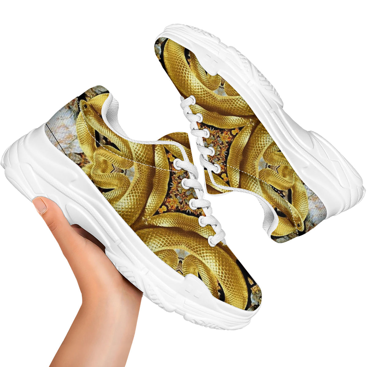 Golden Snake Kaleidoscope Print White Chunky Shoes-grizzshop