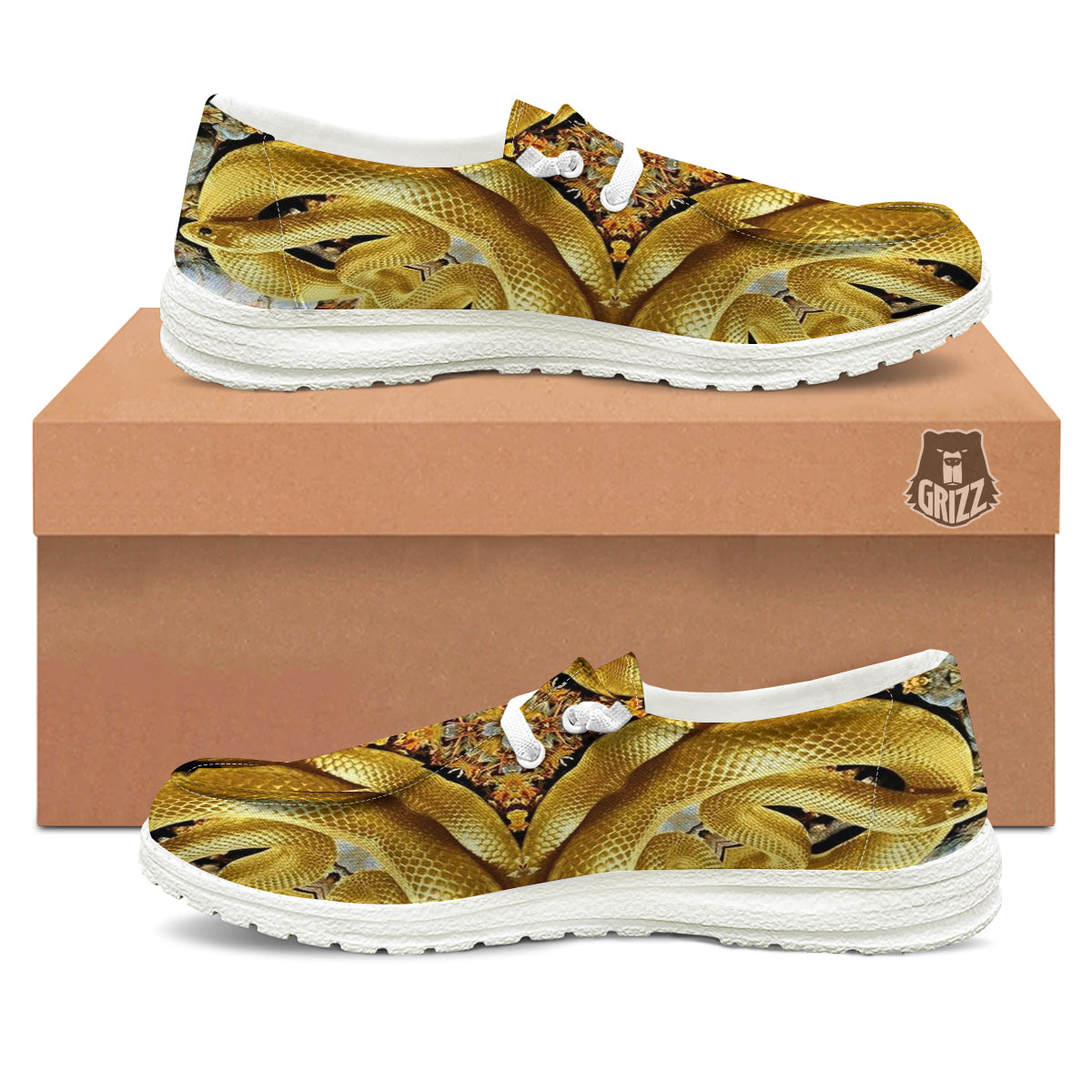 Golden Snake Kaleidoscope Print White Loafers-grizzshop