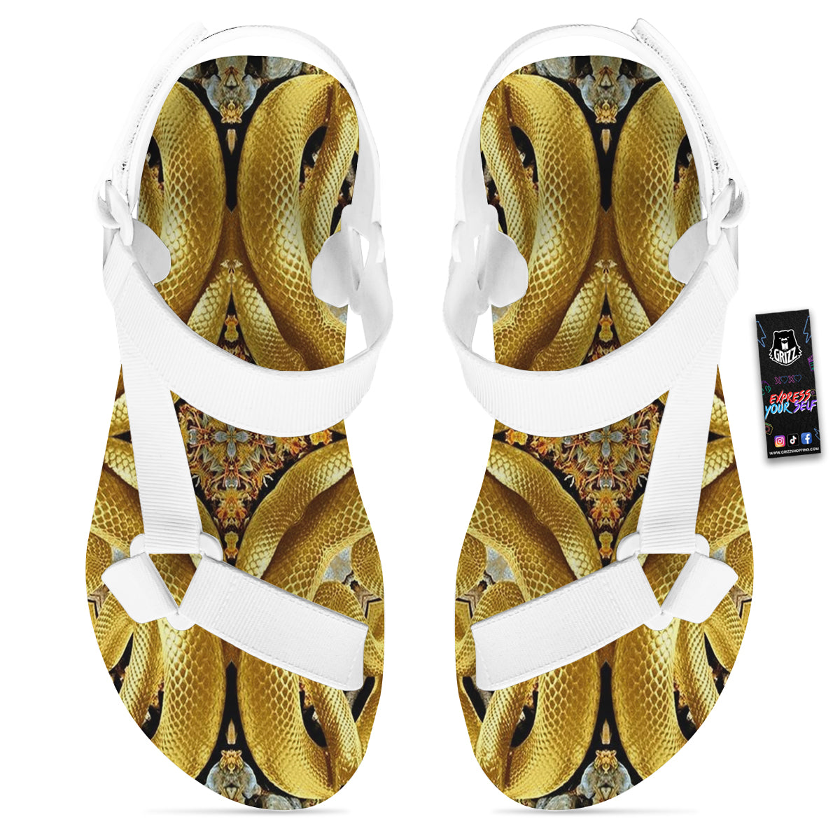 Golden Snake Kaleidoscope Print White Open Toe Sandals-grizzshop