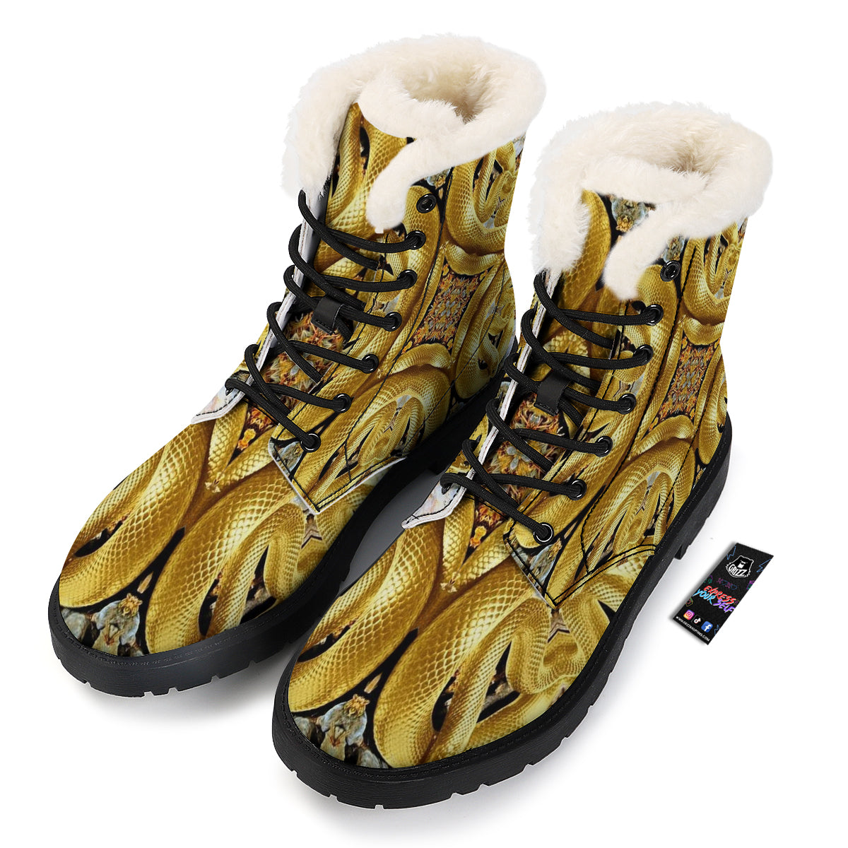Golden Snake Kaleidoscope Print Winter Boots-grizzshop