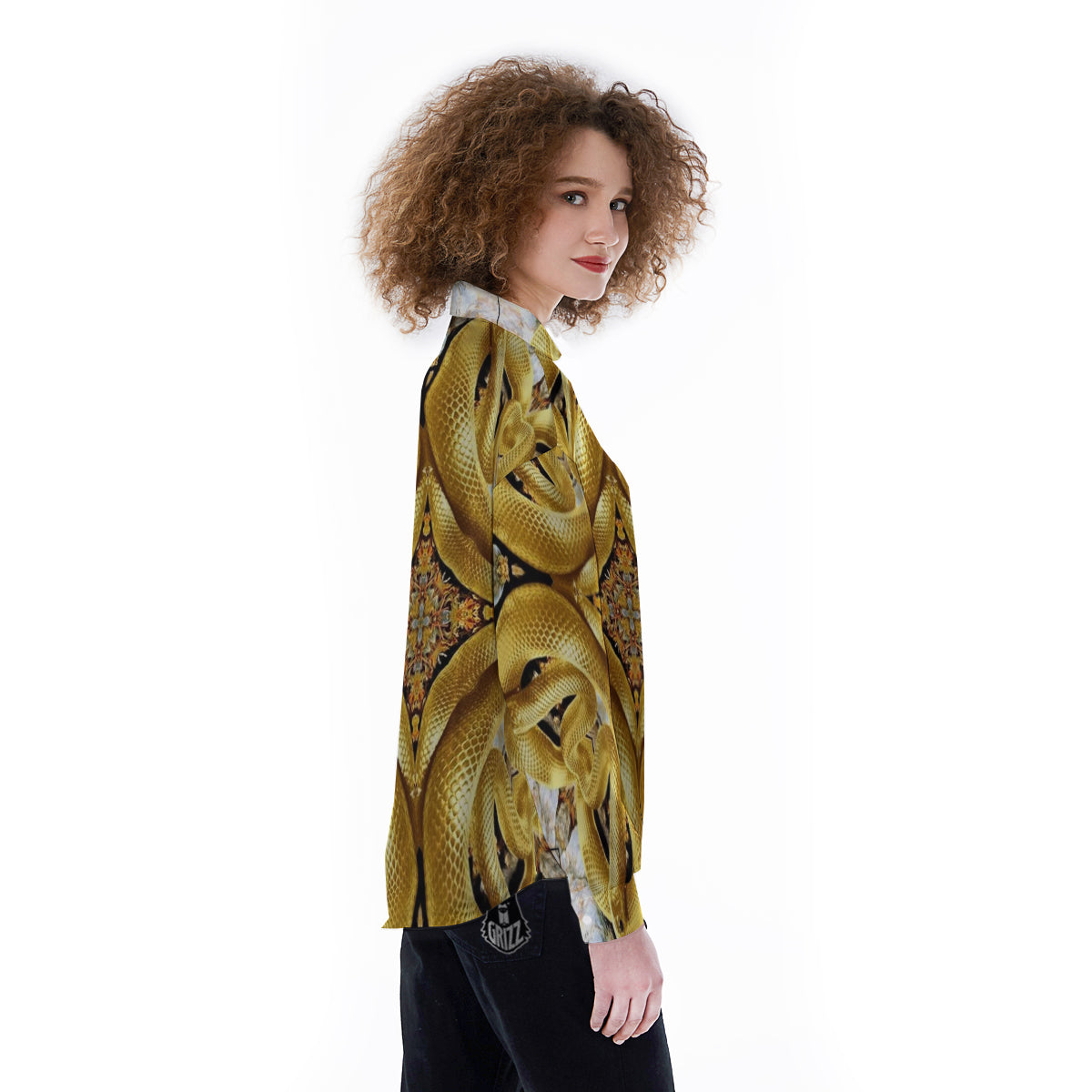 Golden Snake Kaleidoscope Print Women's Long Sleeve Shirts-grizzshop
