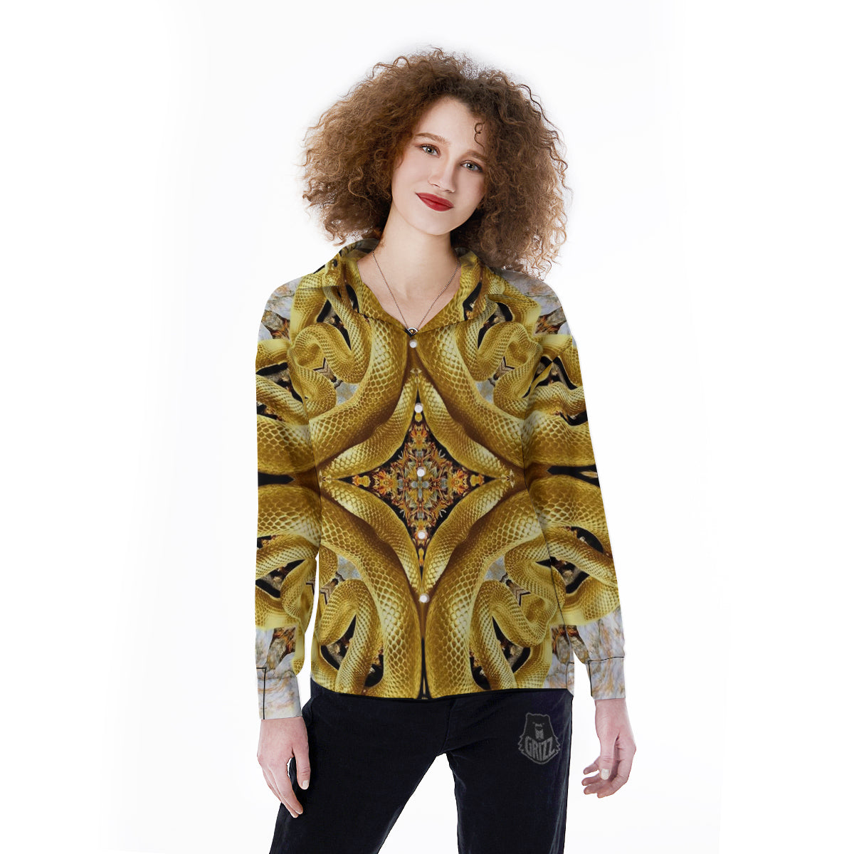 Golden Snake Kaleidoscope Print Women's Long Sleeve Shirts-grizzshop
