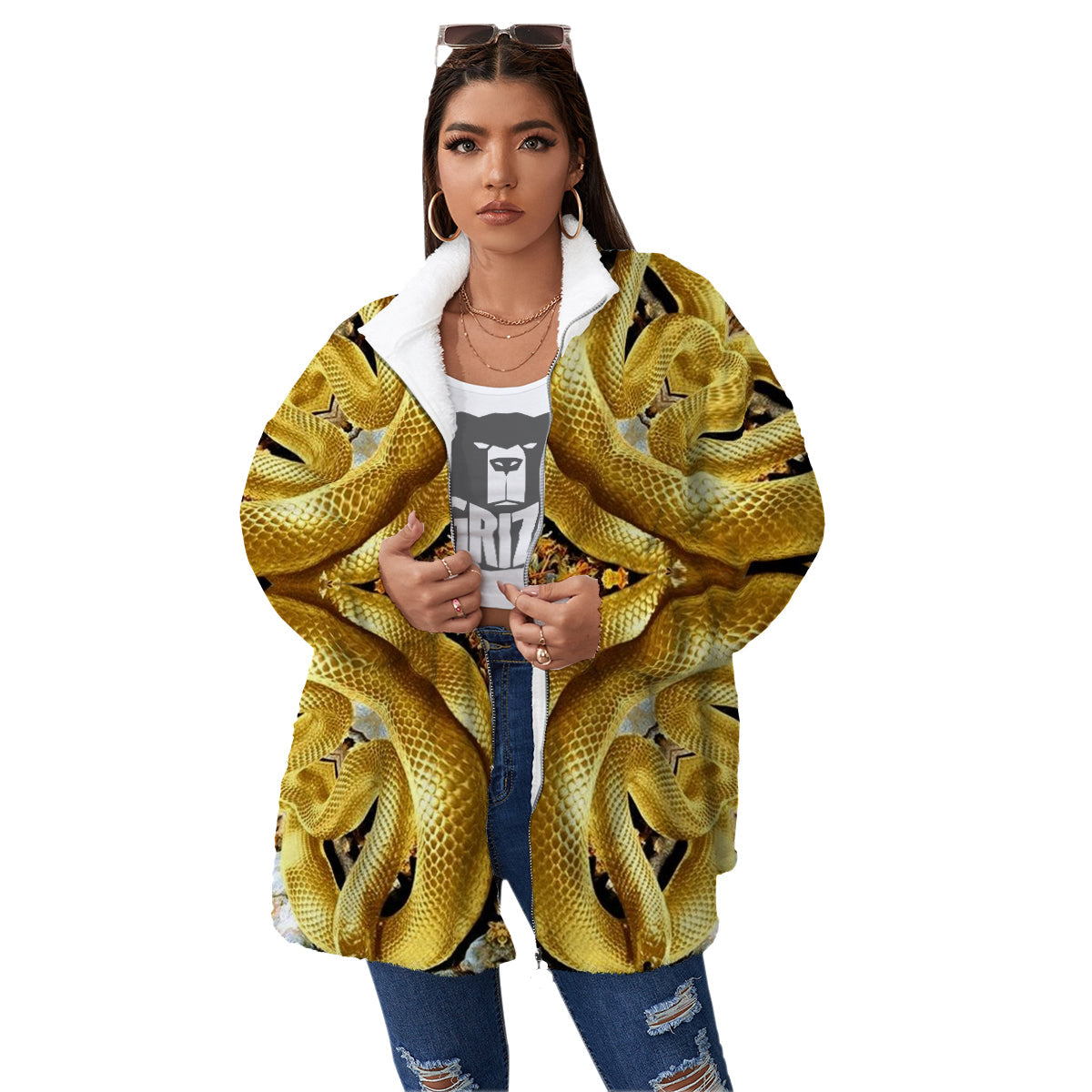 Golden Snake Kaleidoscope Print Women's Sherpa Jacket-grizzshop