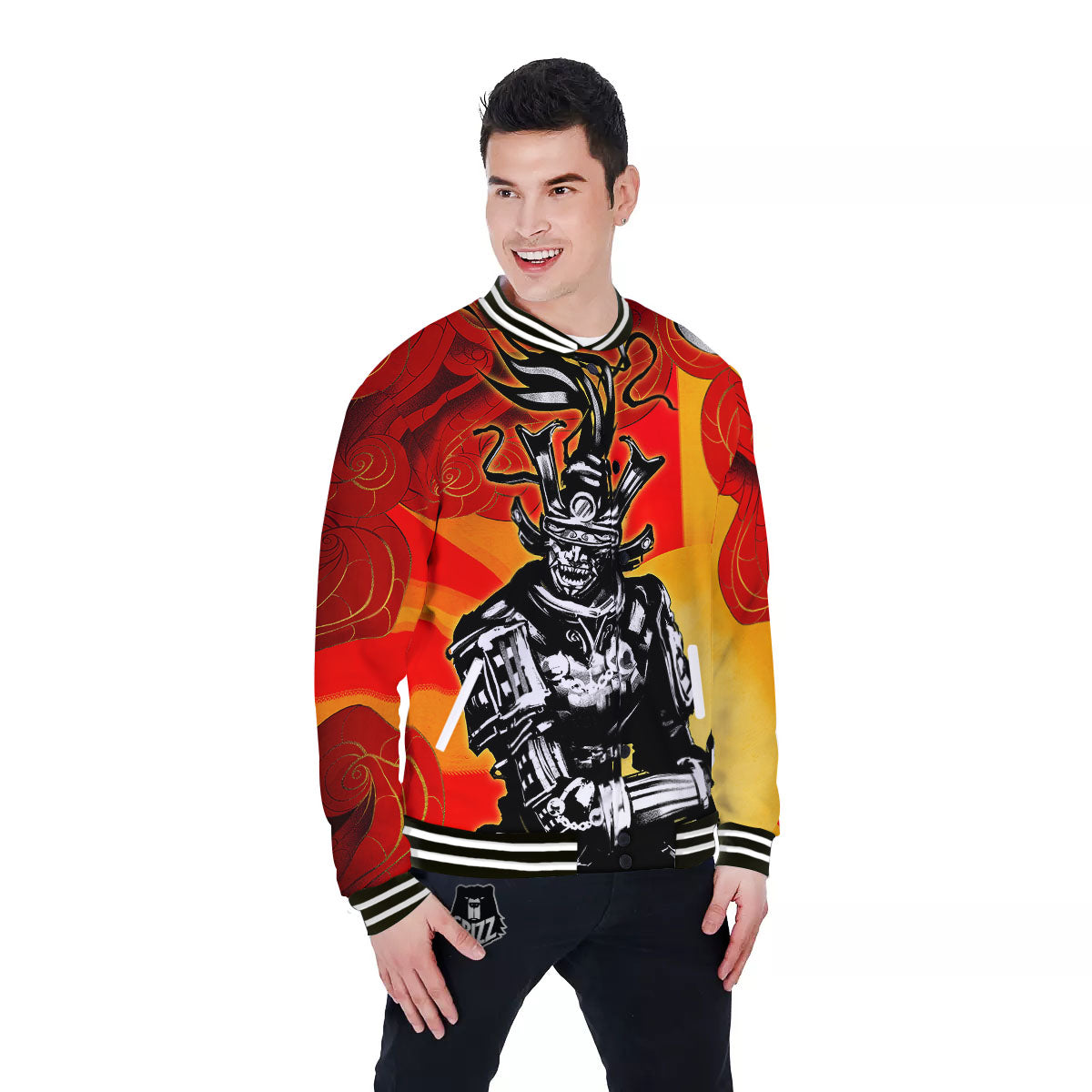 Golden Sun Samurai And Red Sky Print Baseball Jacket-grizzshop