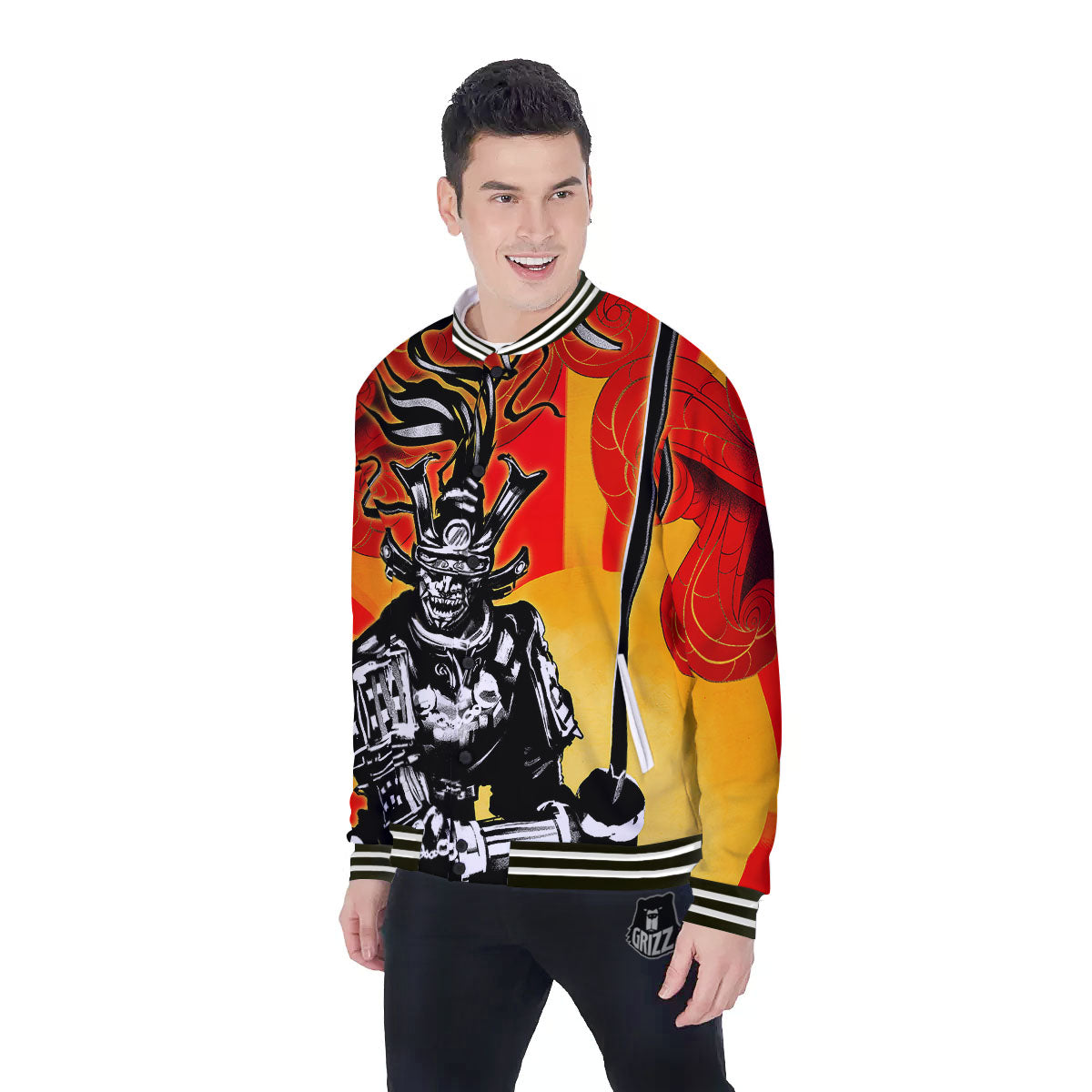 Golden Sun Samurai And Red Sky Print Baseball Jacket-grizzshop