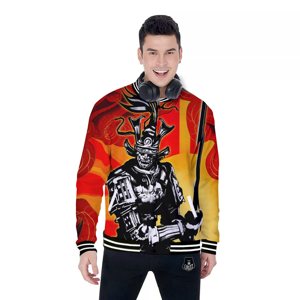 Golden Sun Samurai And Red Sky Print Baseball Jacket-grizzshop