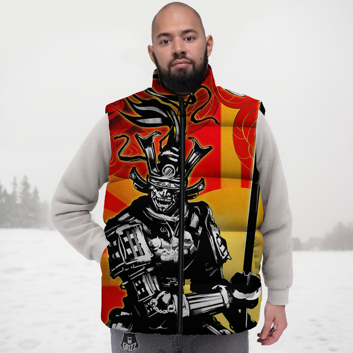 Golden Sun Samurai And Red Sky Print Down Vest