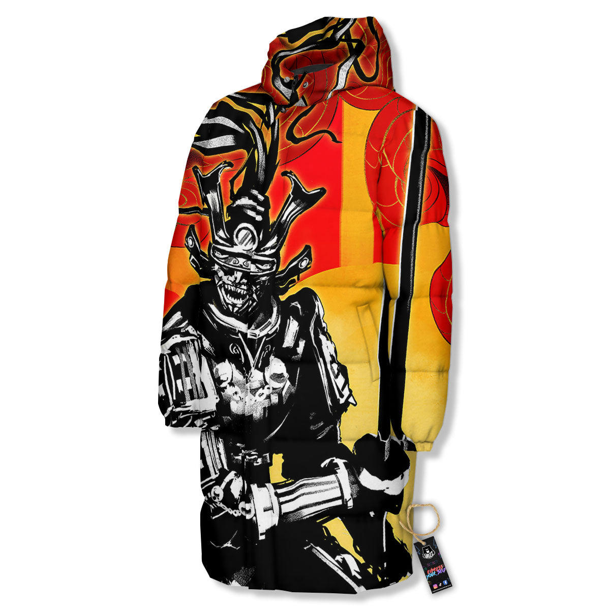 Golden Sun Samurai And Red Sky Print Long Down Jacket-grizzshop